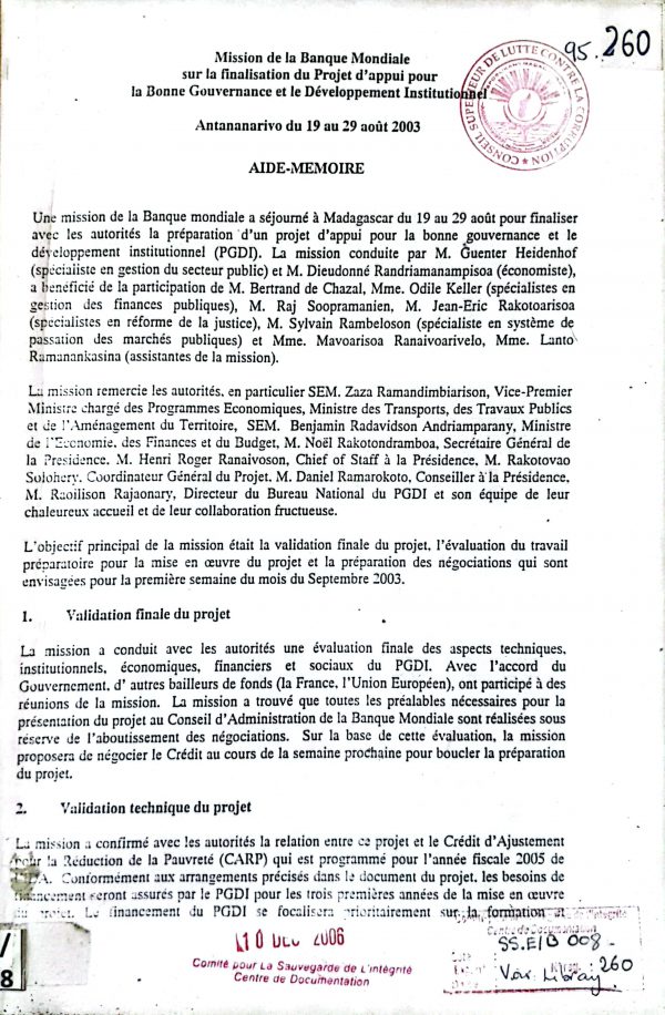 Mission de la Banque Mondiale sur la finalisation du Projet d’appui pour la Bonne gouvernance et le Développement Institutionnel