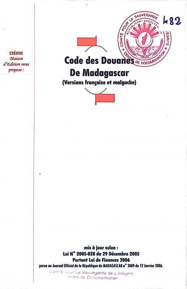 Code des douanes de Madagascar (version française et malagasy).