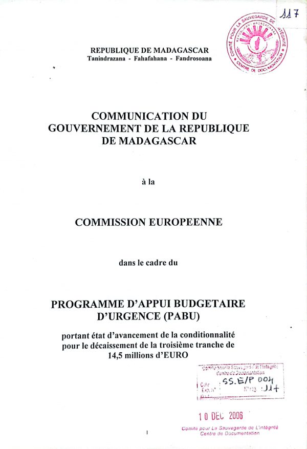 Communication du gouvernement de la République de  Madagascar à la commission Européenne dans le cadre du  Programme d’Appui Budgétaire d’Urgence (BAPU)