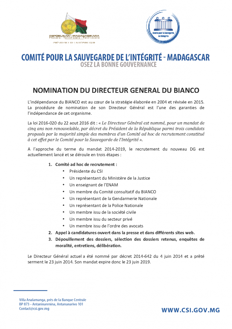 Nomination Du Directeur General Du Bianco﻿ Comité Pour La Sauvegarde