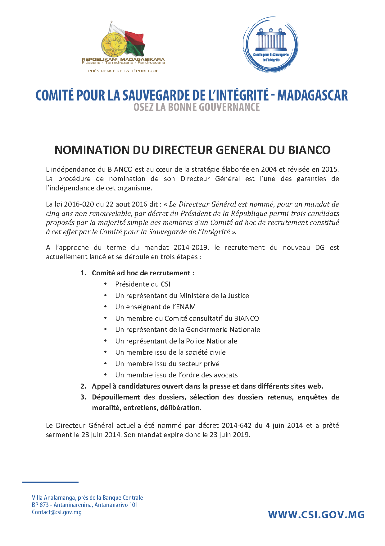 Nomination Du Directeur General Du Bianco﻿ – Comité Pour La Sauvegarde